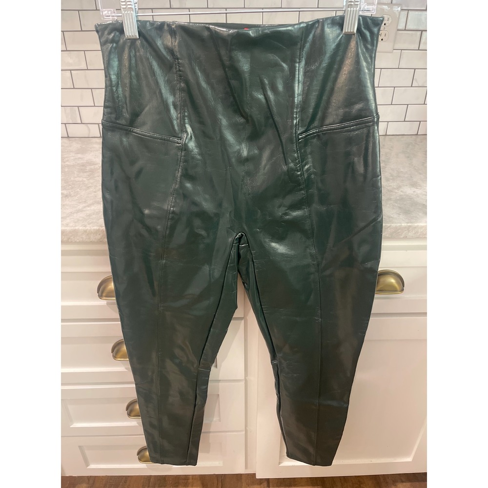 Spanx Leggings Womens XL Petite Green Faux Leather High Waisted Shaping Pants